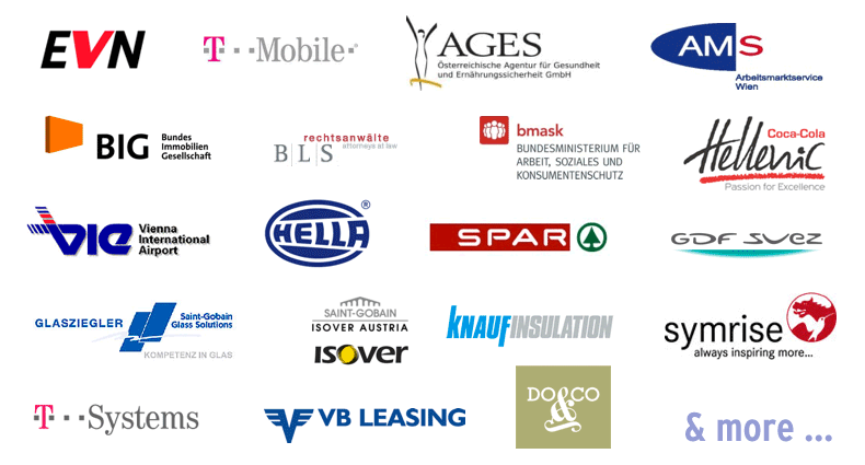 Bild: Kundenlogos - EVN, T-Mobile, AGES, AMS, BIG, BLS, bmask, Coca-Cola Hellenic, VIE, Hella, Spar, GDF Suez, Glasziegler, Isoover Austria, knaufinsultion, symrise, T-Systems, VB Leasing, Do&Co